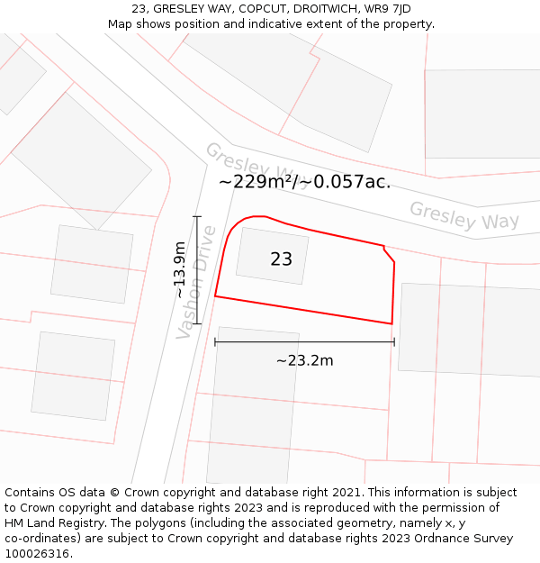 23, GRESLEY WAY, COPCUT, DROITWICH, WR9 7JD: Plot and title map