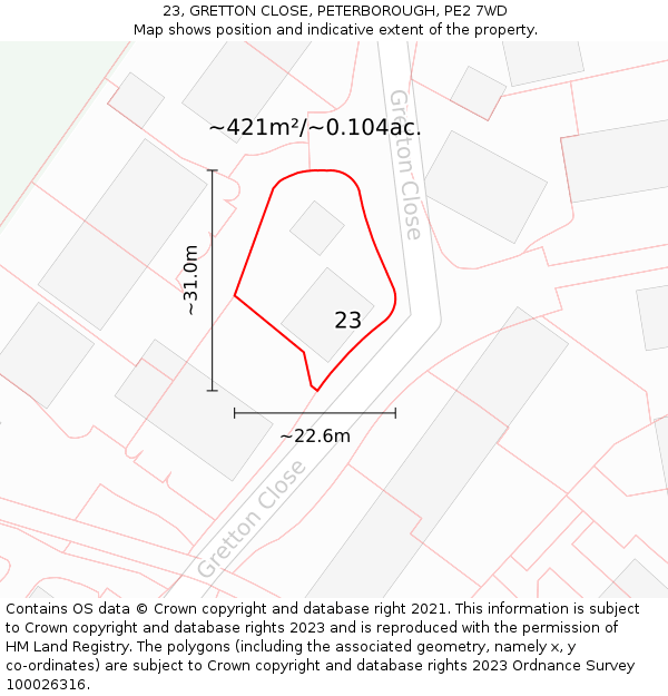 23, GRETTON CLOSE, PETERBOROUGH, PE2 7WD: Plot and title map