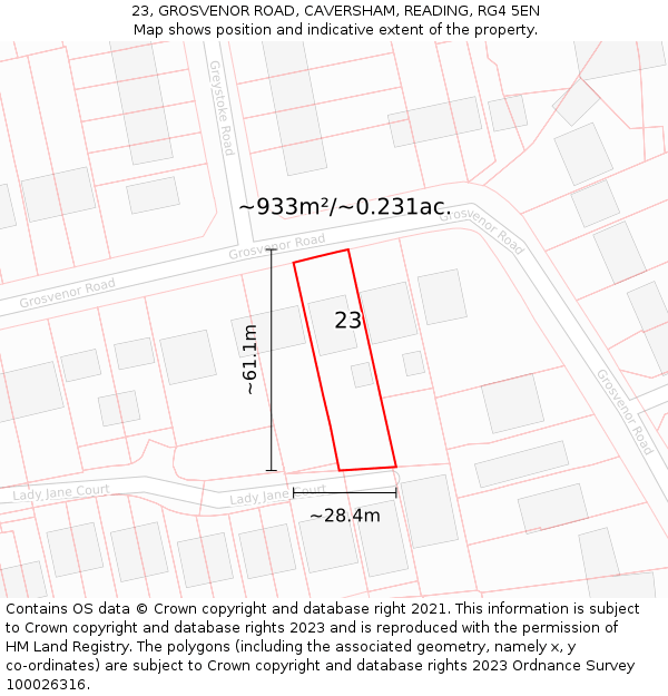 23, GROSVENOR ROAD, CAVERSHAM, READING, RG4 5EN: Plot and title map