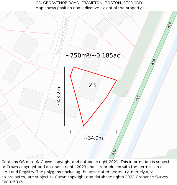 23, GROSVENOR ROAD, FRAMPTON, BOSTON, PE20 1DB: Plot and title map