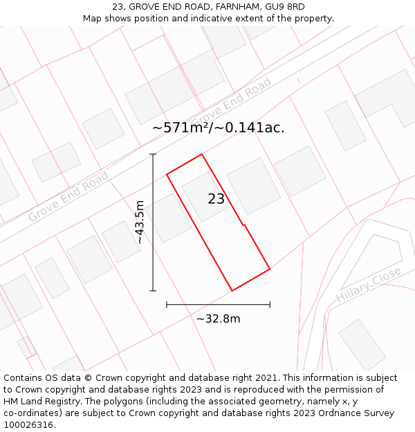 23, GROVE END ROAD, FARNHAM, GU9 8RD: Plot and title map