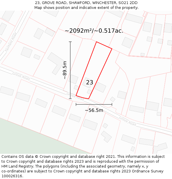 23, GROVE ROAD, SHAWFORD, WINCHESTER, SO21 2DD: Plot and title map