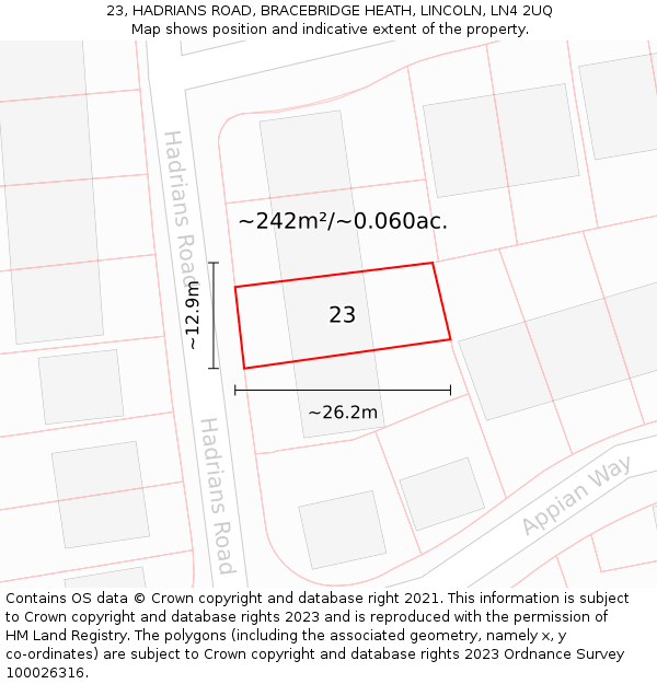 23, HADRIANS ROAD, BRACEBRIDGE HEATH, LINCOLN, LN4 2UQ: Plot and title map