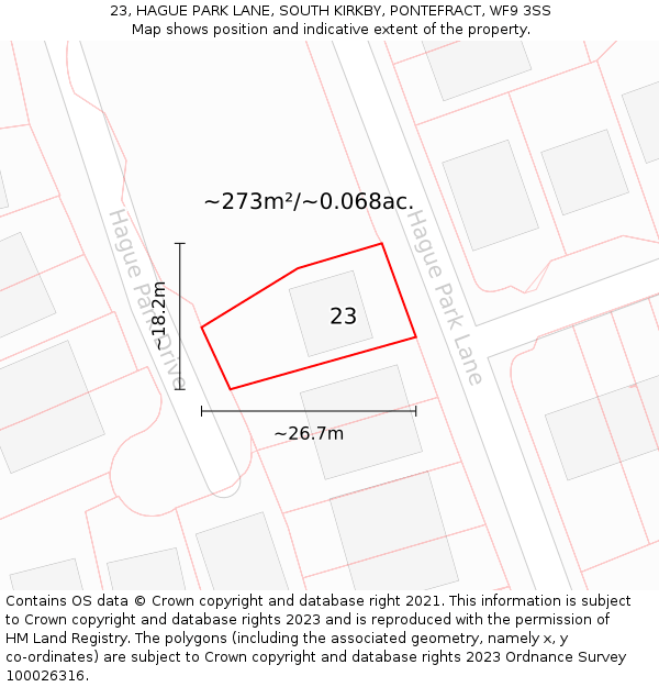 23, HAGUE PARK LANE, SOUTH KIRKBY, PONTEFRACT, WF9 3SS: Plot and title map