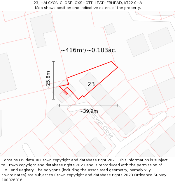 23, HALCYON CLOSE, OXSHOTT, LEATHERHEAD, KT22 0HA: Plot and title map