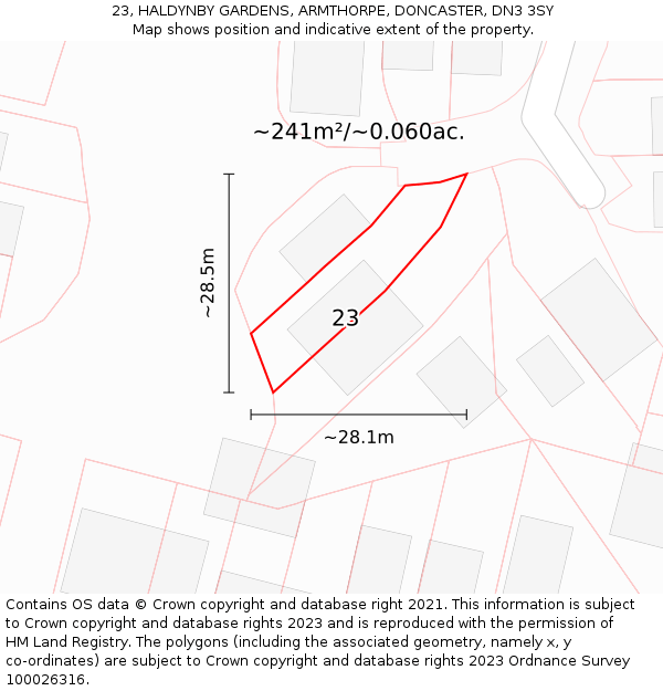 23, HALDYNBY GARDENS, ARMTHORPE, DONCASTER, DN3 3SY: Plot and title map