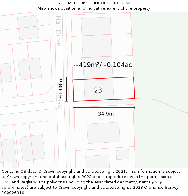 23, HALL DRIVE, LINCOLN, LN6 7SW: Plot and title map