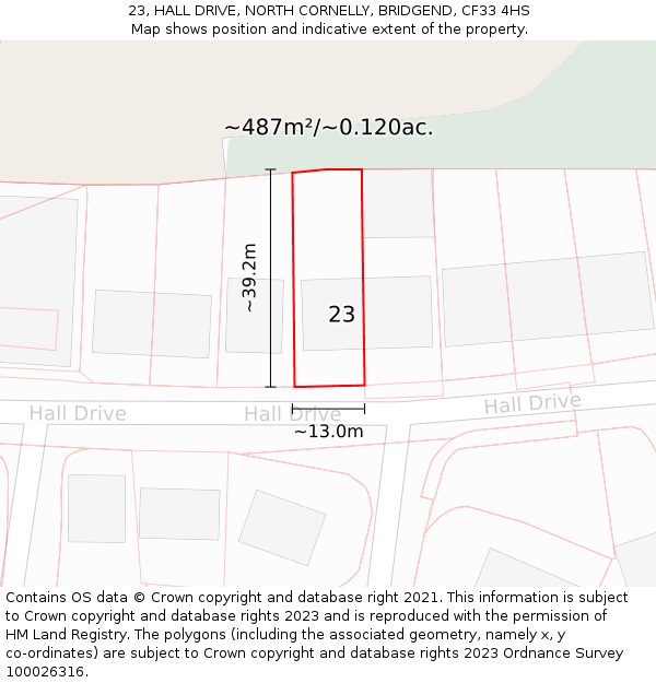 23, HALL DRIVE, NORTH CORNELLY, BRIDGEND, CF33 4HS: Plot and title map