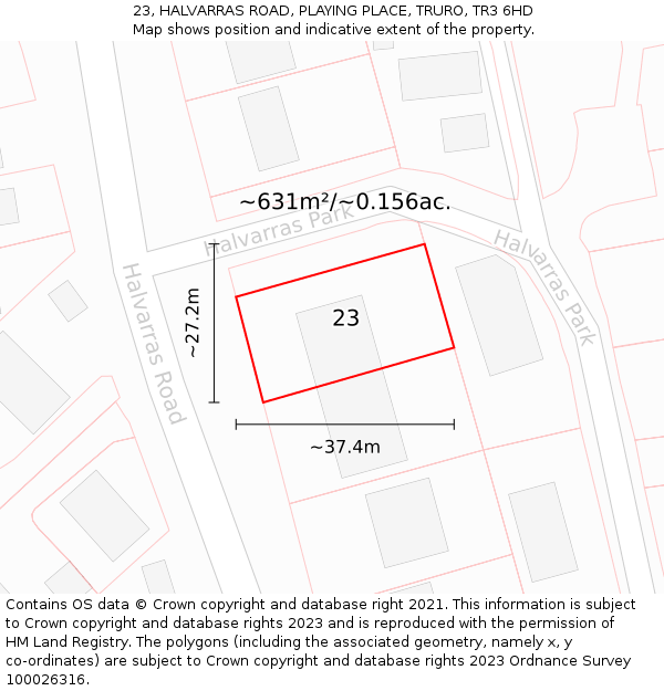 23, HALVARRAS ROAD, PLAYING PLACE, TRURO, TR3 6HD: Plot and title map