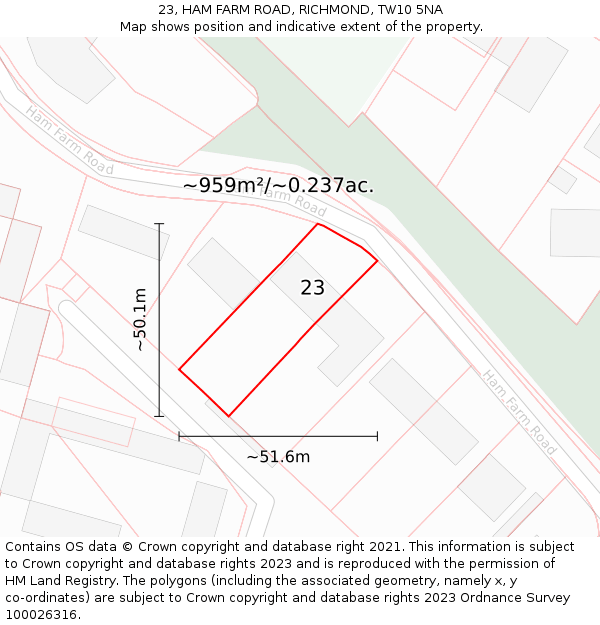 23, HAM FARM ROAD, RICHMOND, TW10 5NA: Plot and title map