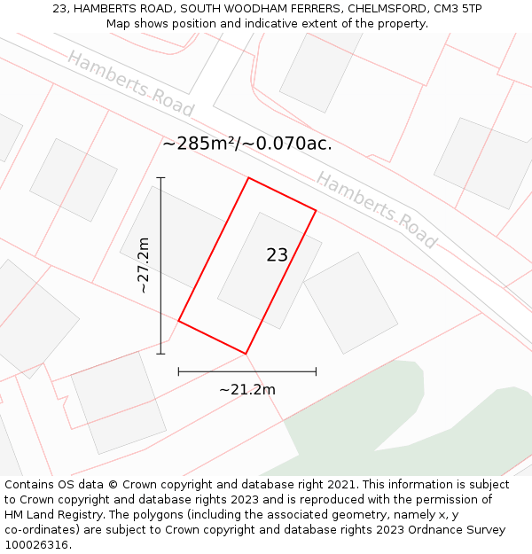23, HAMBERTS ROAD, SOUTH WOODHAM FERRERS, CHELMSFORD, CM3 5TP: Plot and title map