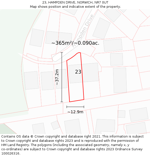 23, HAMPDEN DRIVE, NORWICH, NR7 0UT: Plot and title map