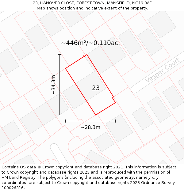 23, HANOVER CLOSE, FOREST TOWN, MANSFIELD, NG19 0AF: Plot and title map