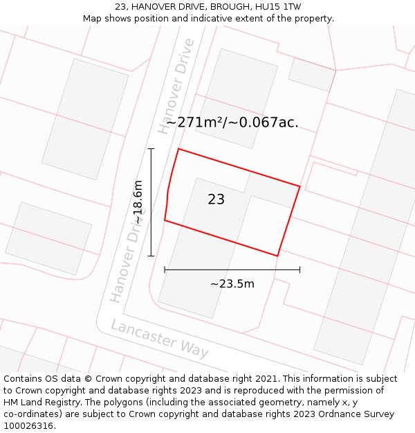 23, HANOVER DRIVE, BROUGH, HU15 1TW: Plot and title map