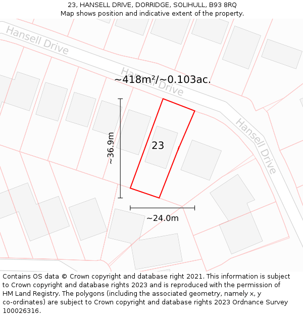 23, HANSELL DRIVE, DORRIDGE, SOLIHULL, B93 8RQ: Plot and title map