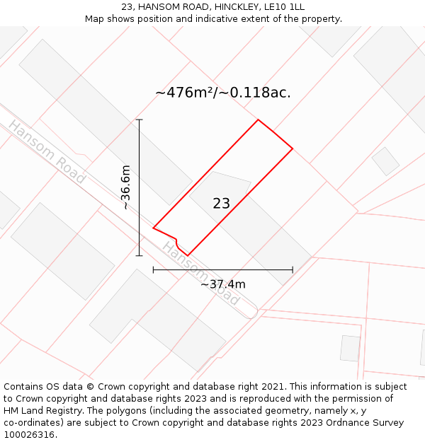 23, HANSOM ROAD, HINCKLEY, LE10 1LL: Plot and title map