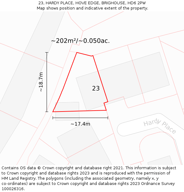 23, HARDY PLACE, HOVE EDGE, BRIGHOUSE, HD6 2PW: Plot and title map