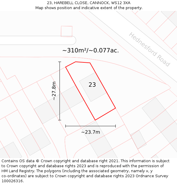 23, HAREBELL CLOSE, CANNOCK, WS12 3XA: Plot and title map