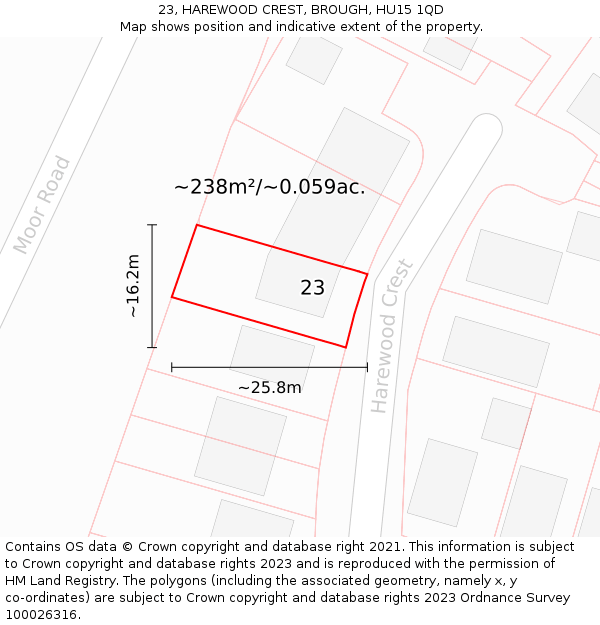 23, HAREWOOD CREST, BROUGH, HU15 1QD: Plot and title map