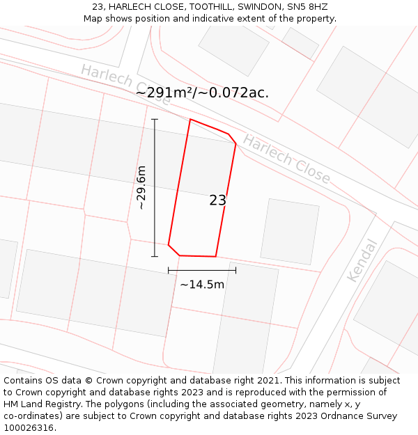 23, HARLECH CLOSE, TOOTHILL, SWINDON, SN5 8HZ: Plot and title map