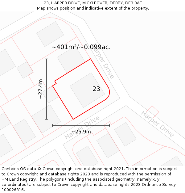 23, HARPER DRIVE, MICKLEOVER, DERBY, DE3 0AE: Plot and title map