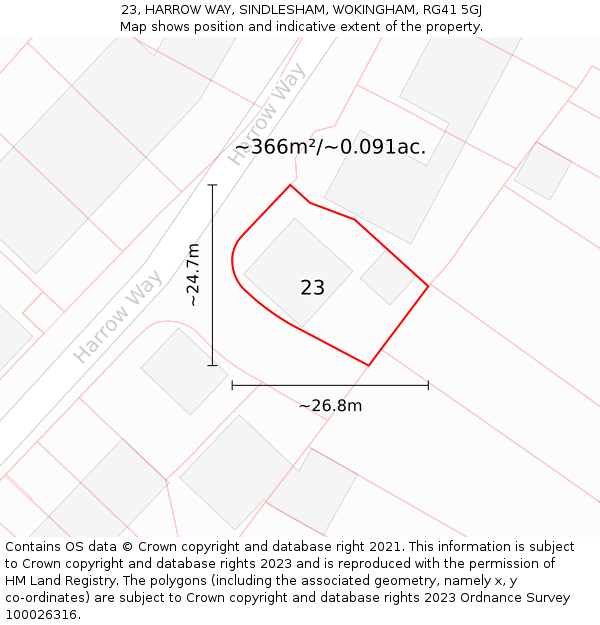 23, HARROW WAY, SINDLESHAM, WOKINGHAM, RG41 5GJ: Plot and title map