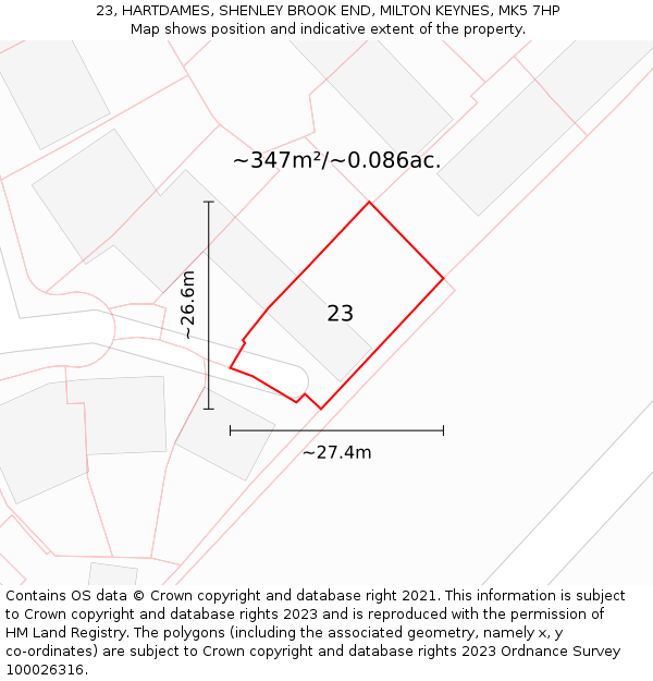 23, HARTDAMES, SHENLEY BROOK END, MILTON KEYNES, MK5 7HP: Plot and title map