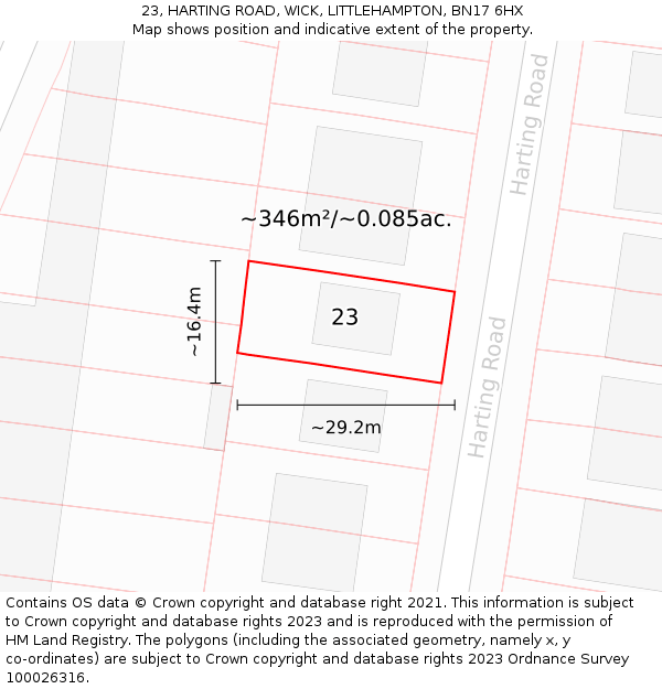 23, HARTING ROAD, WICK, LITTLEHAMPTON, BN17 6HX: Plot and title map