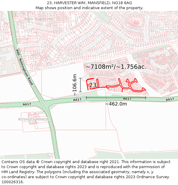 23, HARVESTER WAY, MANSFIELD, NG18 6AG: Plot and title map