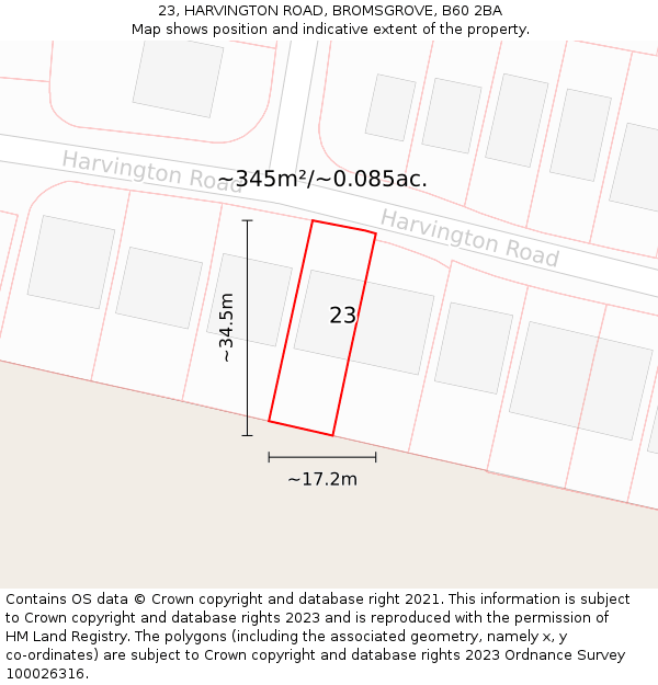 23, HARVINGTON ROAD, BROMSGROVE, B60 2BA: Plot and title map