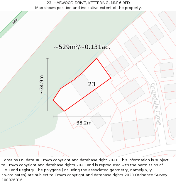 23, HARWOOD DRIVE, KETTERING, NN16 9FD: Plot and title map