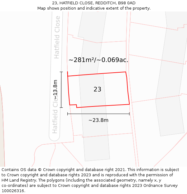 23, HATFIELD CLOSE, REDDITCH, B98 0AD: Plot and title map