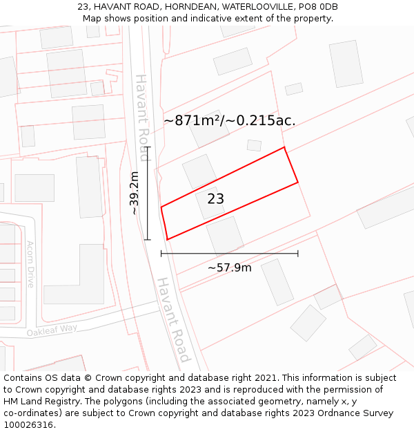 23, HAVANT ROAD, HORNDEAN, WATERLOOVILLE, PO8 0DB: Plot and title map