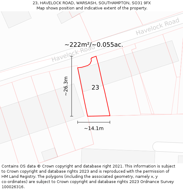 23, HAVELOCK ROAD, WARSASH, SOUTHAMPTON, SO31 9FX: Plot and title map