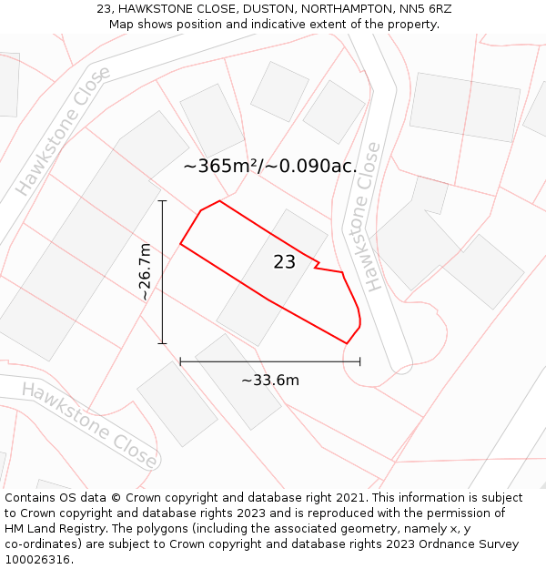 23, HAWKSTONE CLOSE, DUSTON, NORTHAMPTON, NN5 6RZ: Plot and title map