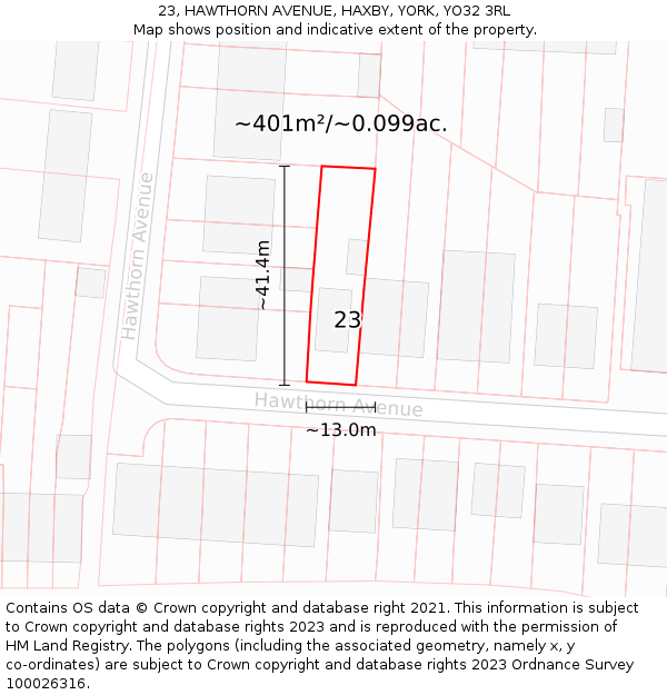 23, HAWTHORN AVENUE, HAXBY, YORK, YO32 3RL: Plot and title map