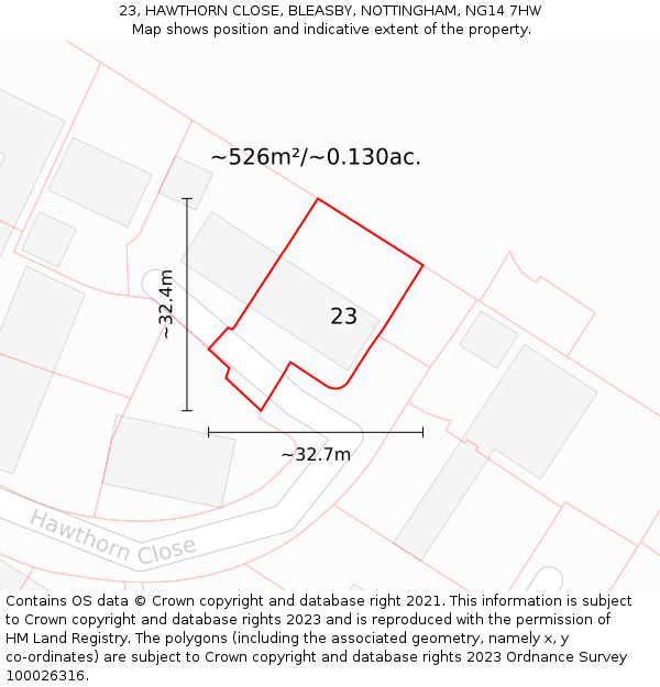 23, HAWTHORN CLOSE, BLEASBY, NOTTINGHAM, NG14 7HW: Plot and title map