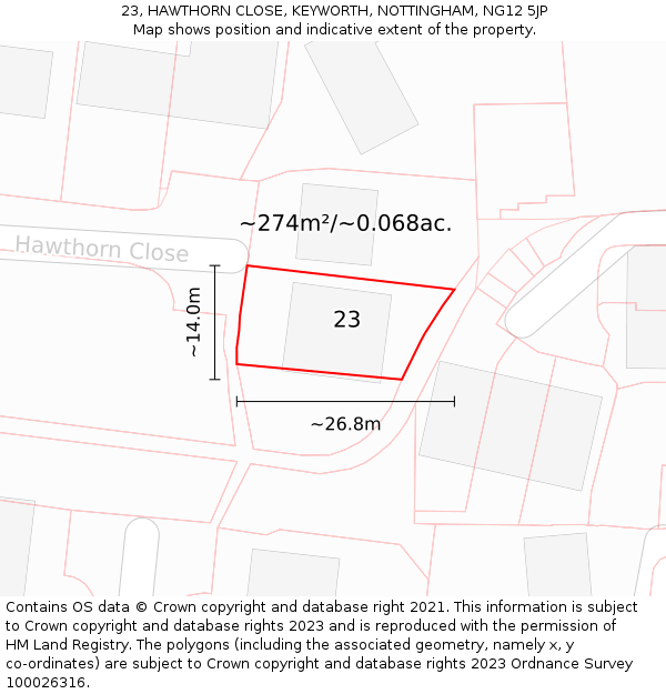 23, HAWTHORN CLOSE, KEYWORTH, NOTTINGHAM, NG12 5JP: Plot and title map