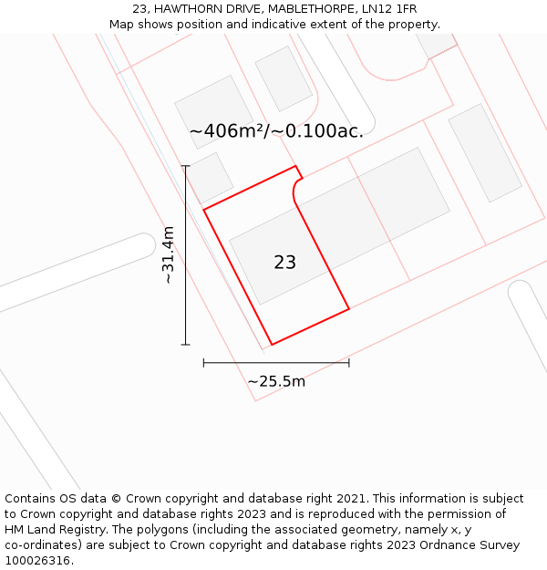 23, HAWTHORN DRIVE, MABLETHORPE, LN12 1FR: Plot and title map