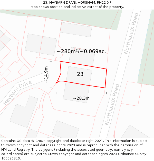 23, HAYBARN DRIVE, HORSHAM, RH12 5JF: Plot and title map