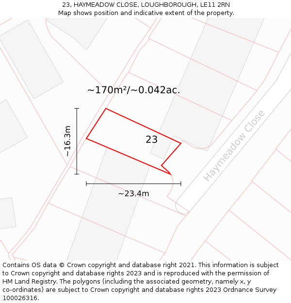 23, HAYMEADOW CLOSE, LOUGHBOROUGH, LE11 2RN: Plot and title map