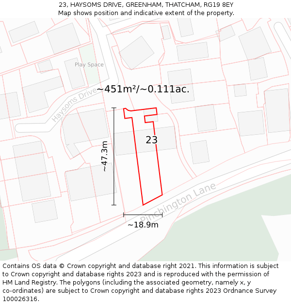 23, HAYSOMS DRIVE, GREENHAM, THATCHAM, RG19 8EY: Plot and title map