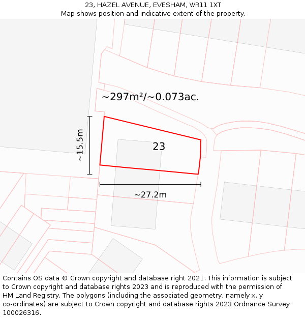 23, HAZEL AVENUE, EVESHAM, WR11 1XT: Plot and title map