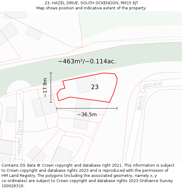 23, HAZEL DRIVE, SOUTH OCKENDON, RM15 6JT: Plot and title map