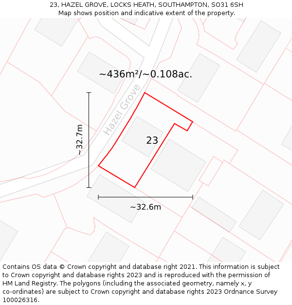 23, HAZEL GROVE, LOCKS HEATH, SOUTHAMPTON, SO31 6SH: Plot and title map