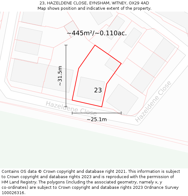 23, HAZELDENE CLOSE, EYNSHAM, WITNEY, OX29 4AD: Plot and title map