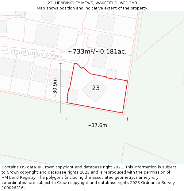 23, HEADINGLEY MEWS, WAKEFIELD, WF1 3AB: Plot and title map