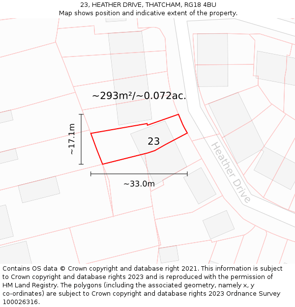 23, HEATHER DRIVE, THATCHAM, RG18 4BU: Plot and title map