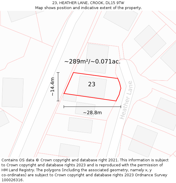 23, HEATHER LANE, CROOK, DL15 9TW: Plot and title map