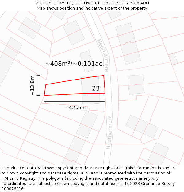 23, HEATHERMERE, LETCHWORTH GARDEN CITY, SG6 4QH: Plot and title map